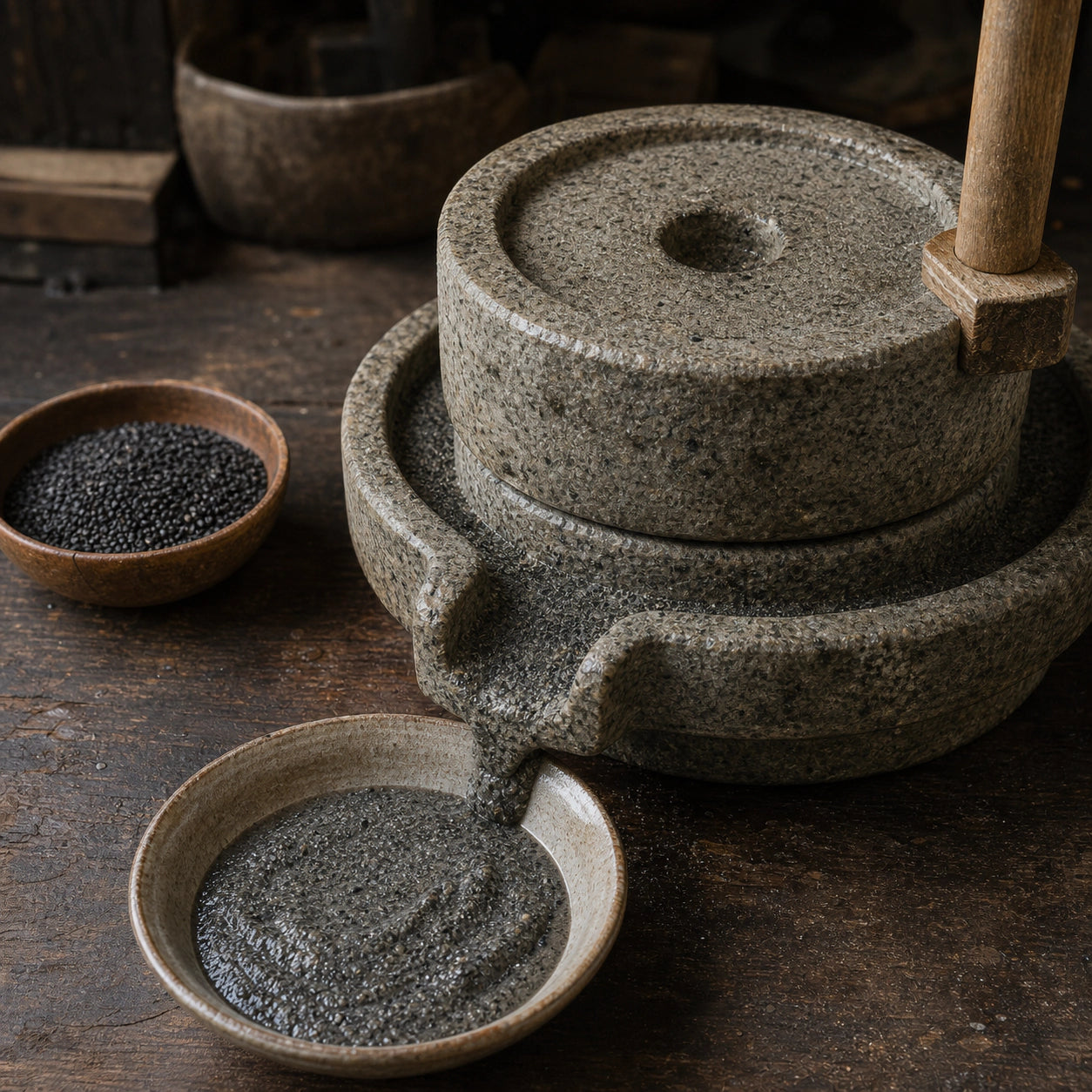 Black sesame being slowly ground in a worn traditional granite mill