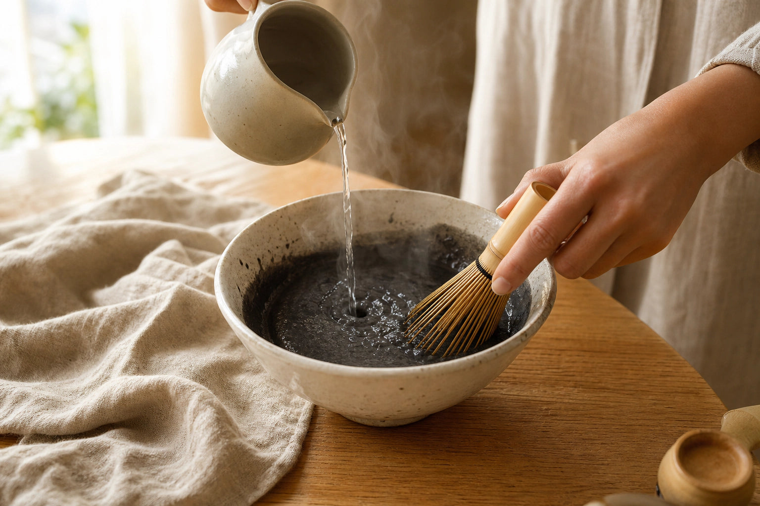 Hands whisking black sesame porridge with hot water in morning light