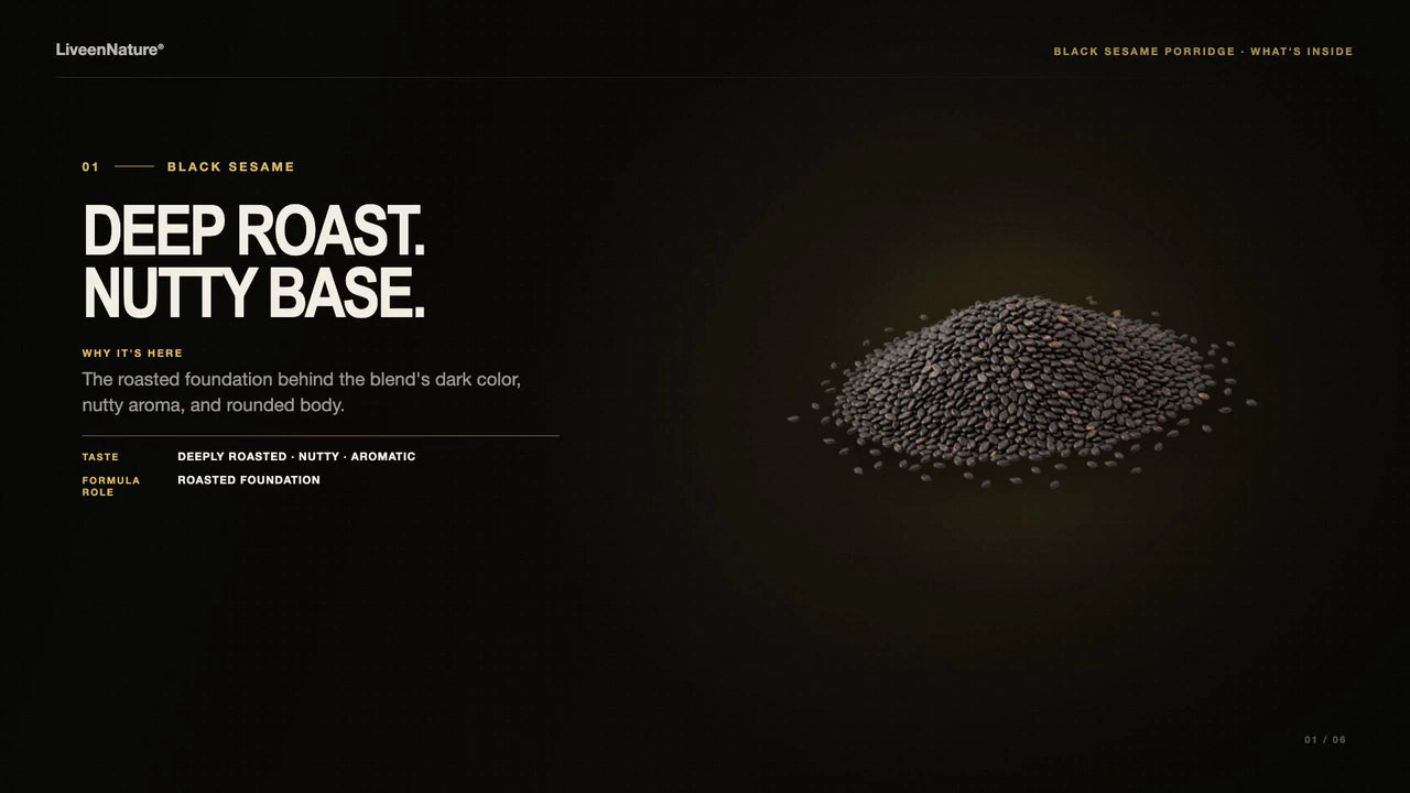 Prepared black sesame porridge with its whole ingredients